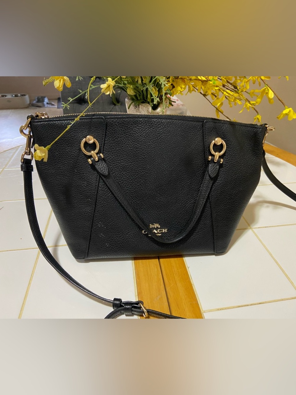 Coach Kacey Satchel Black Pebble Leather Tote Bag Purse with Gold Hardware